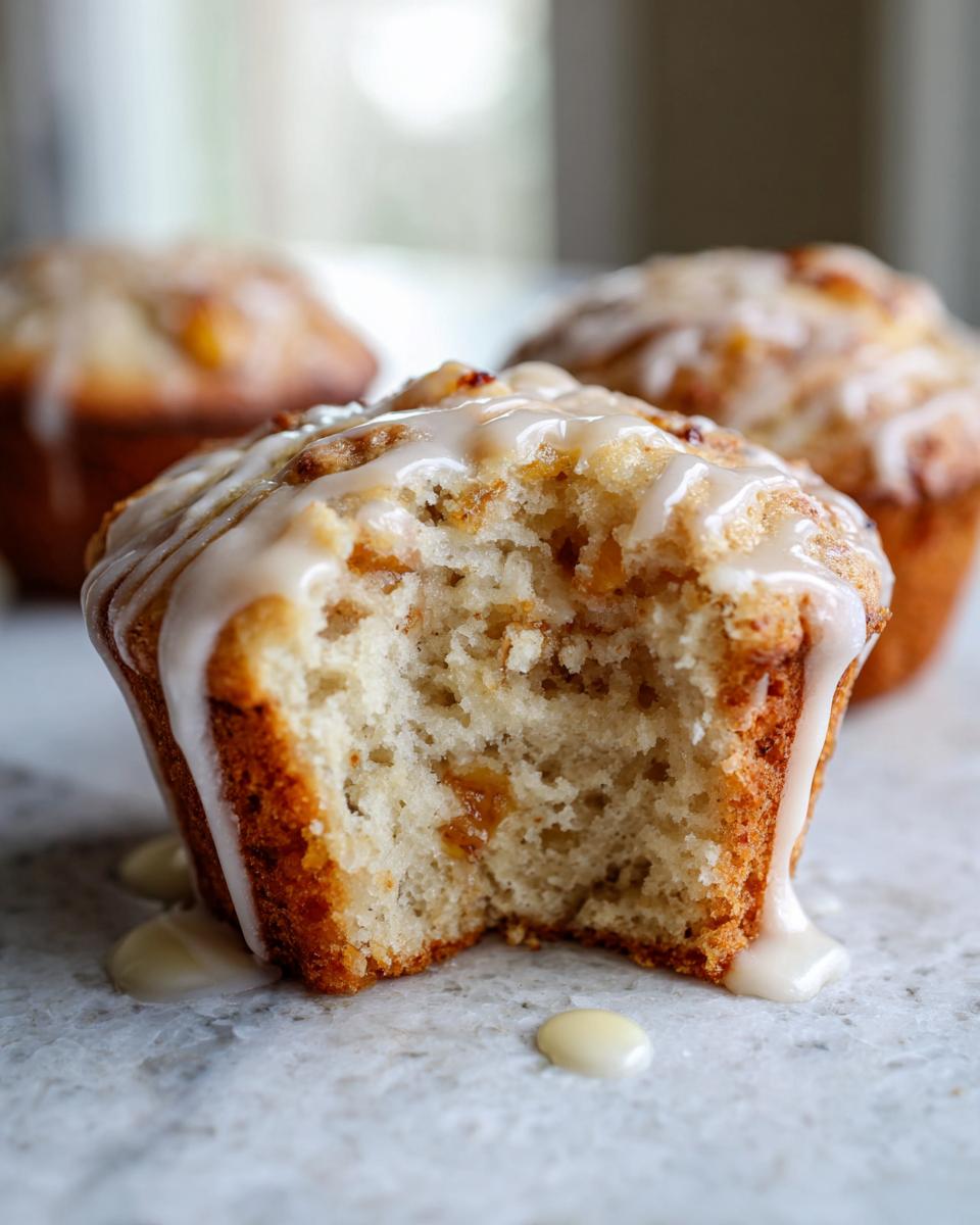 Close-up of a moist peach muffin with vanilla glaze, showing a bite taken out.
