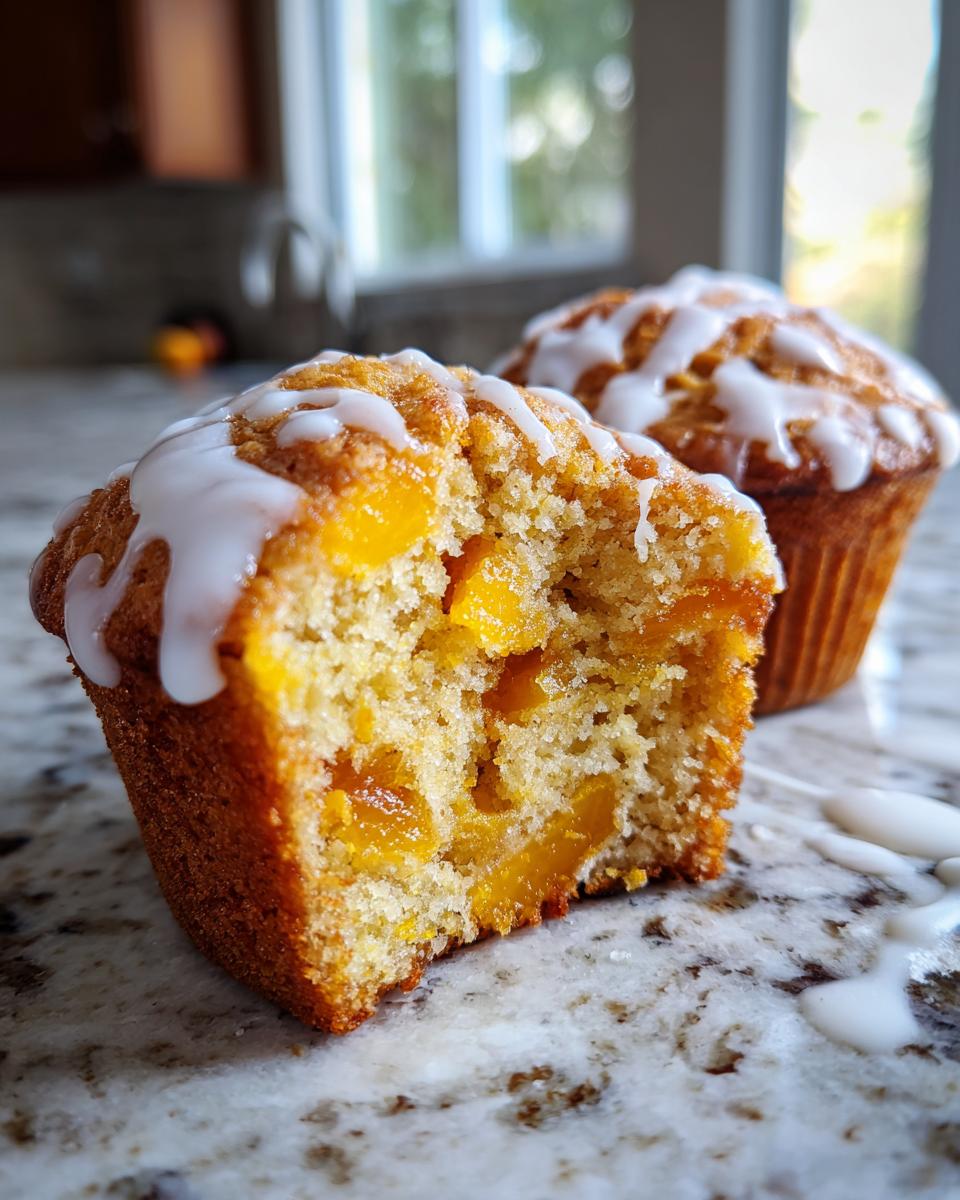 Close-up of a moist peach muffin, cut in half, revealing chunks of peach and drizzled with vanilla glaze.