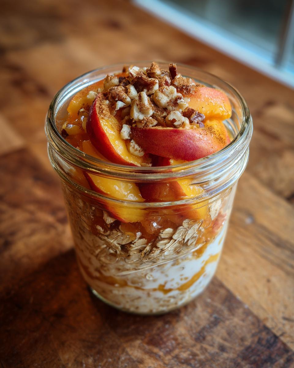 Overnight oats in a jar topped with fresh peach slices, chopped walnuts, and cinnamon, part of Peach Recipes That Make Overnight Oats Taste Like Peach Crisp.