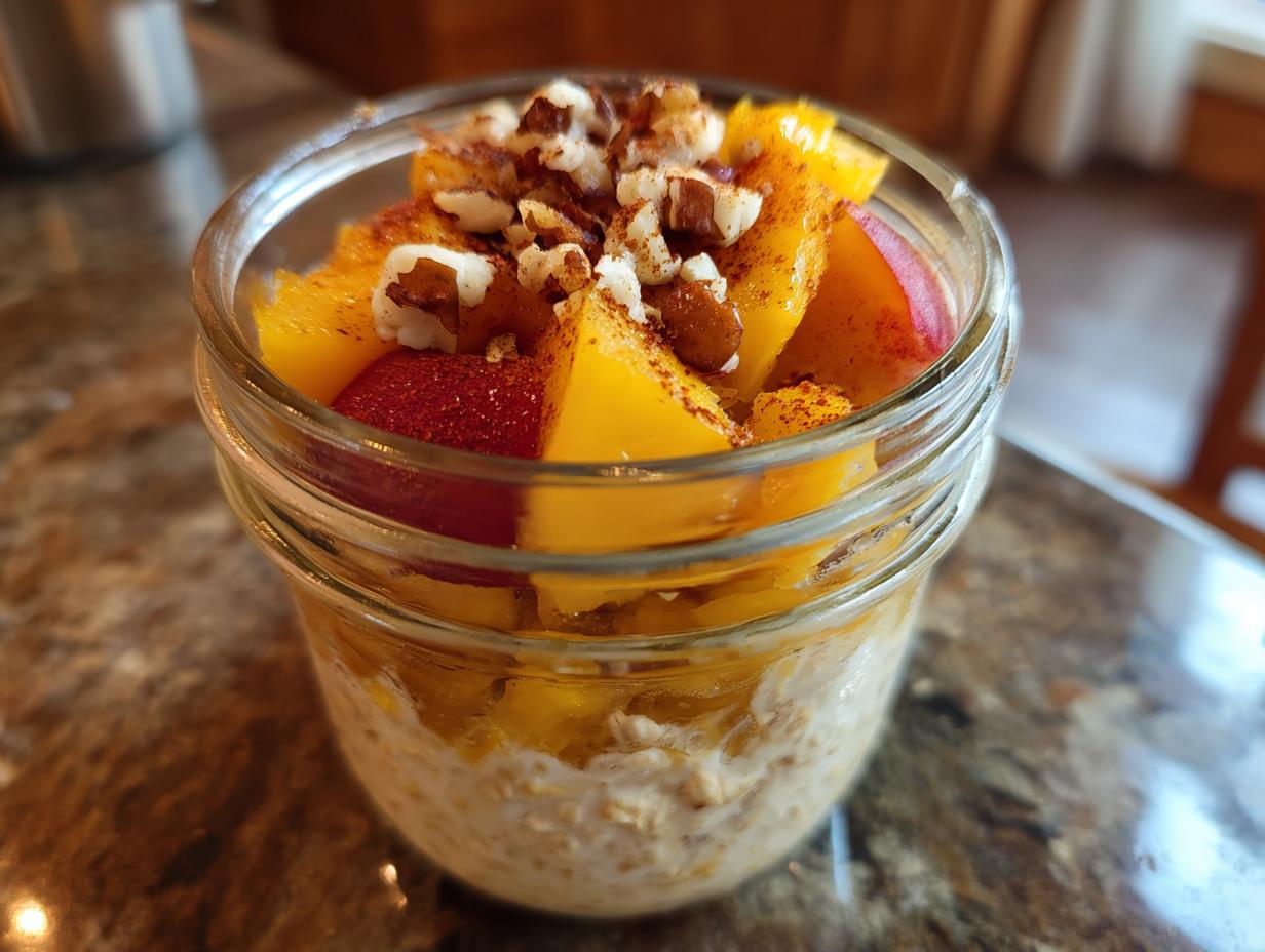 Overnight oats in a jar topped with fresh peaches, cinnamon, and chopped nuts.