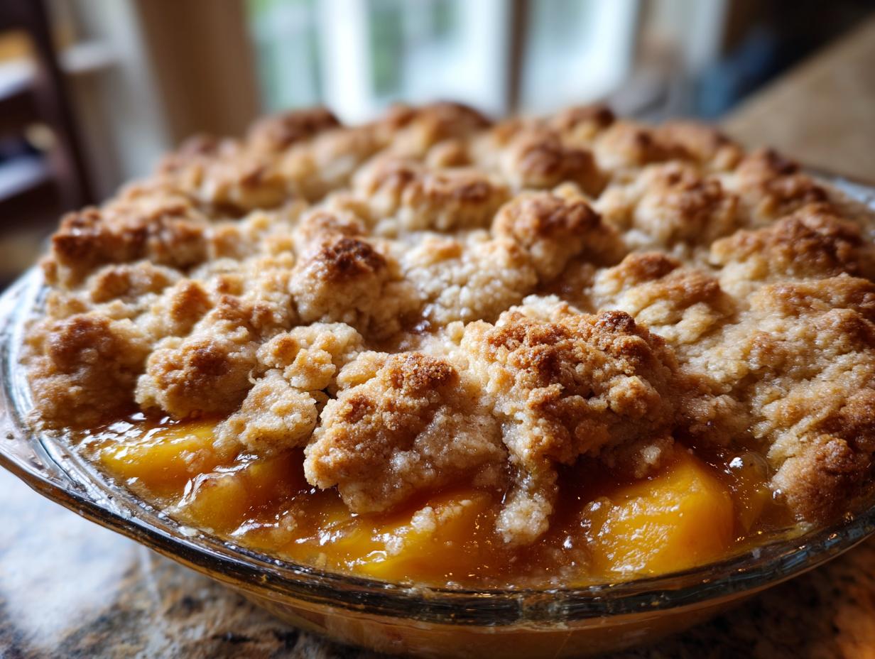 Close-up of a bubbling Peach Cobbler with a golden brown crumb topping, perfect for summer dessert.