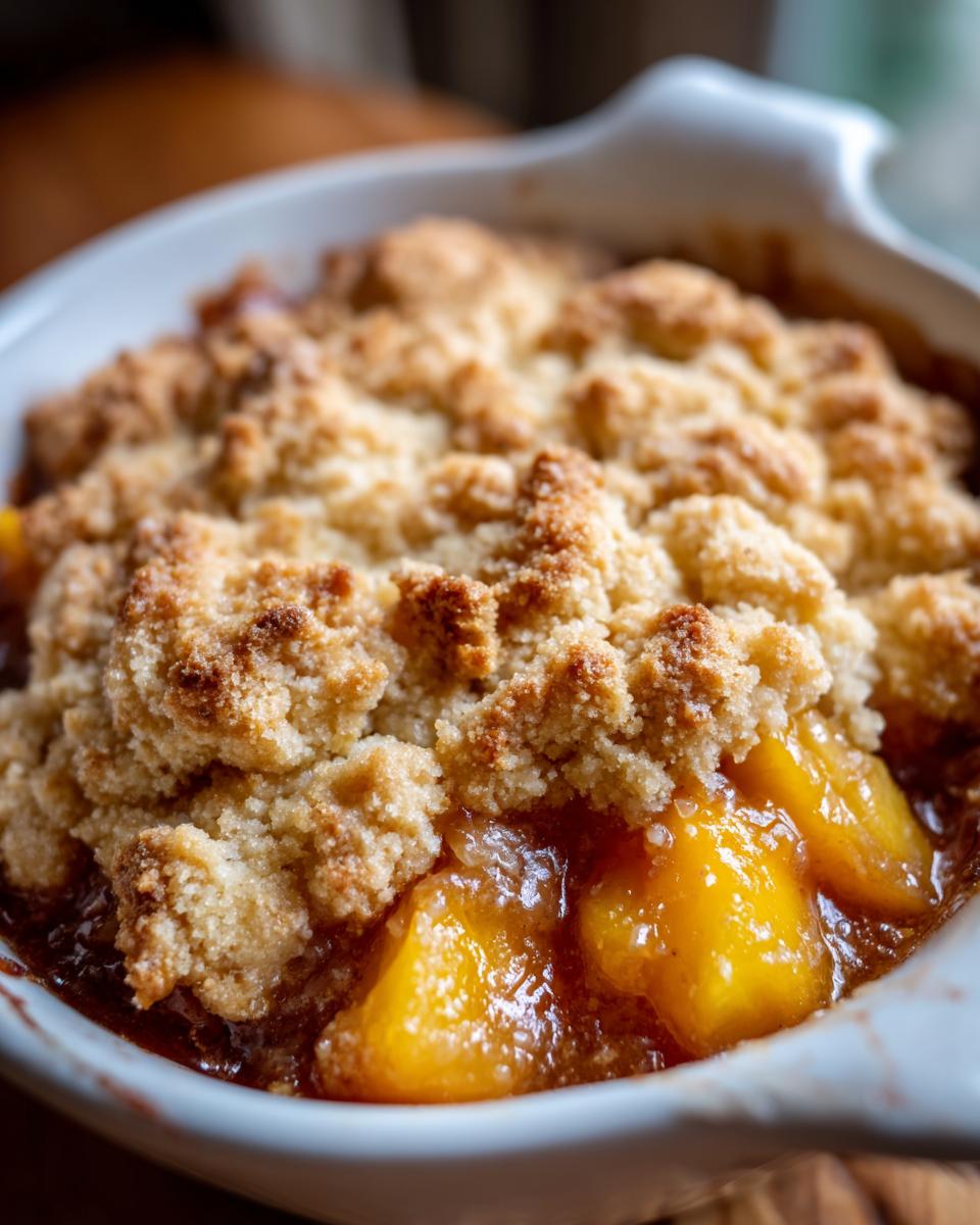 Close-up of a warm Peach Cobbler with brown sugar topping, showcasing juicy peaches underneath.