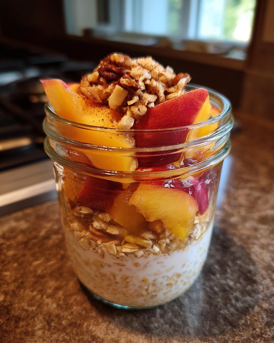 Overnight oats in a jar topped with fresh peach slices, chopped nuts, and cinnamon, embodying peach recipes that make overnight oats taste like peach crisp.