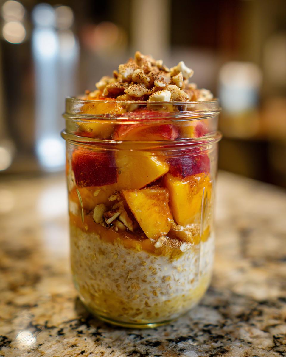 Overnight oats in a jar layered with fresh peach slices and topped with nuts and cinnamon, inspired by peach crisp.