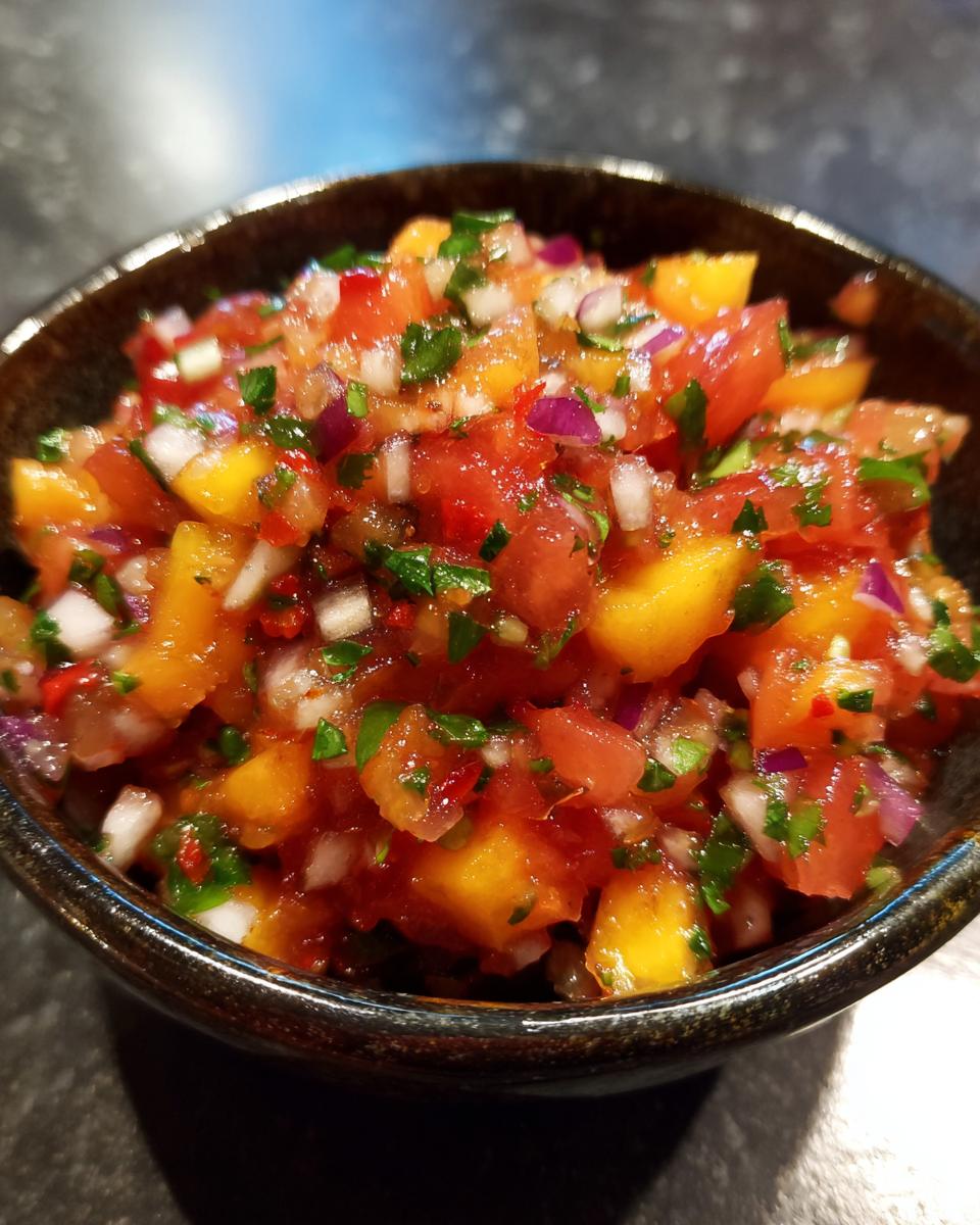 A bowl of fresh peach salsa, featuring diced peaches, tomatoes, red onion, cilantro, and chili peppers.