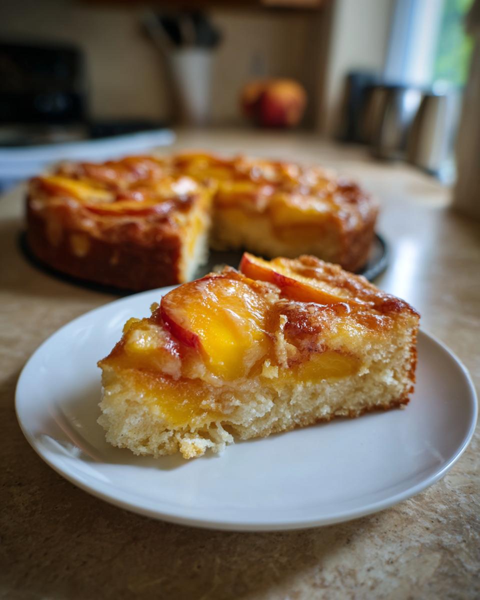 A slice of peach skillet cake with soft summer fruit on a white plate, showcasing the moist cake and juicy peach topping.