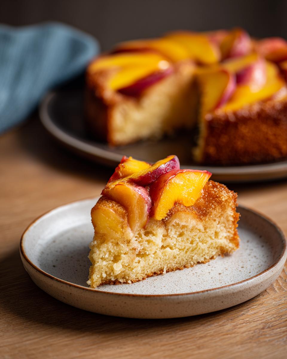 A slice of peach skillet cake with soft summer fruit, showcasing a golden crumb and juicy peach topping.
