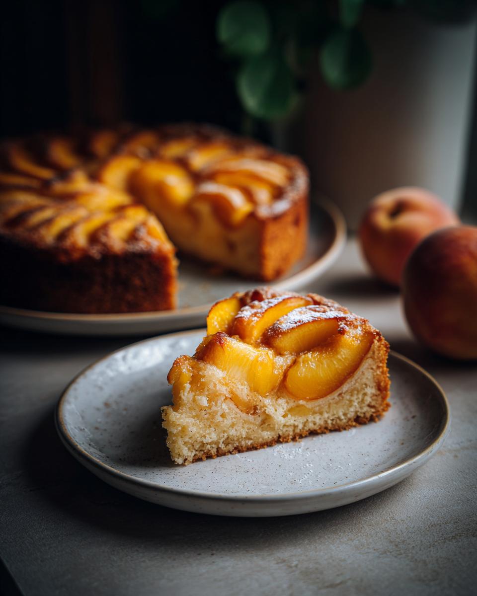A slice of peach skillet cake with soft summer fruit, dusted with powdered sugar, on a plate.