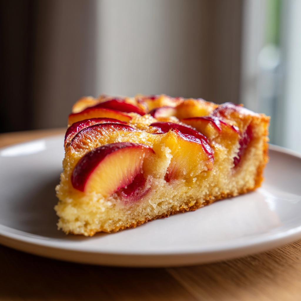A slice of peach skillet cake with soft summer fruit on a white plate.