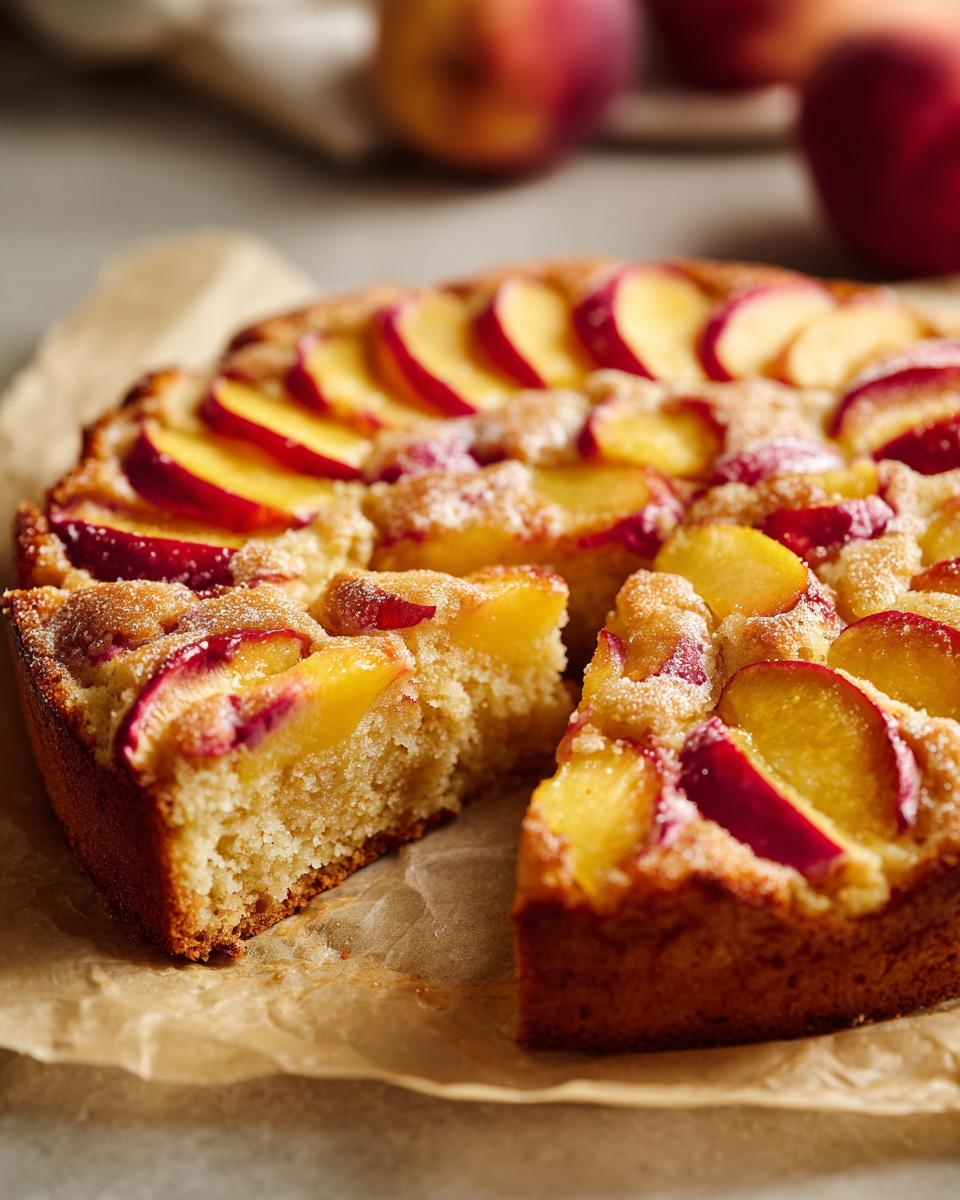 A slice of peach skillet cake topped with fresh summer fruit and a dusting of sugar.