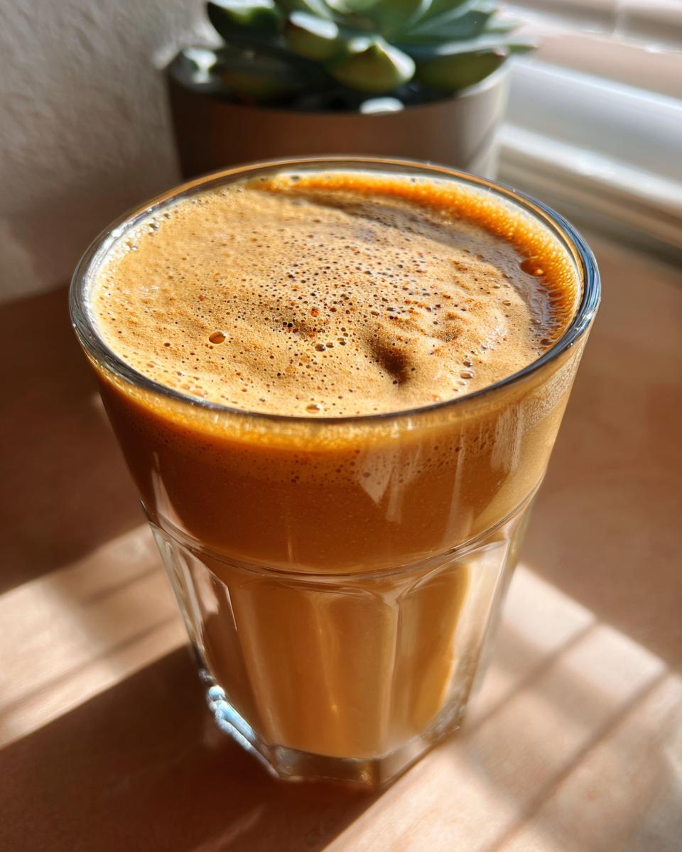 A close-up of a creamy peach yogurt smoothie in a glass, topped with foam and bubbles.