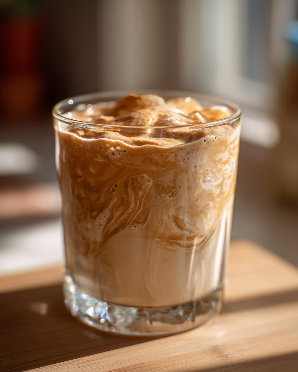 A close-up of a creamy peach yogurt smoothie with swirls of peach puree and ice.