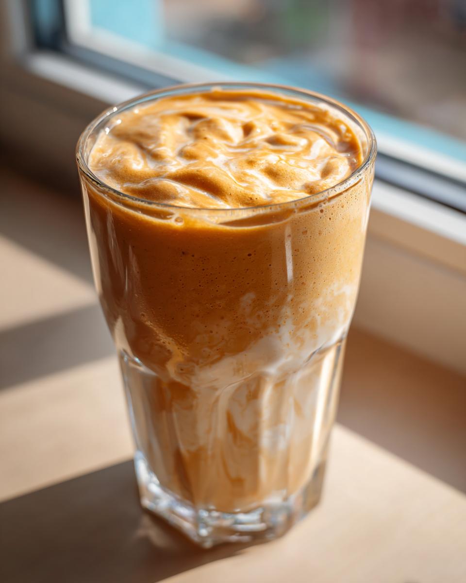 A close-up of a creamy peach yogurt smoothie in a tall glass, with swirls of white yogurt and orange smoothie.