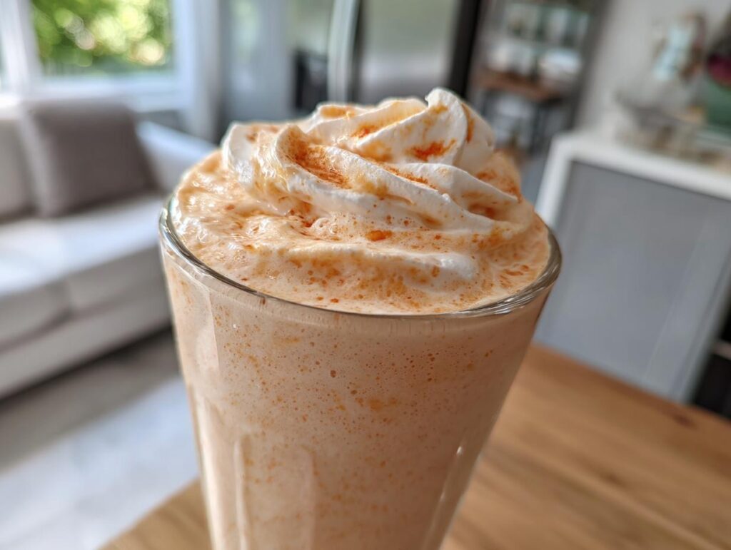 A close-up of a creamy peach yogurt smoothie topped with whipped cream and a sprinkle of cinnamon.