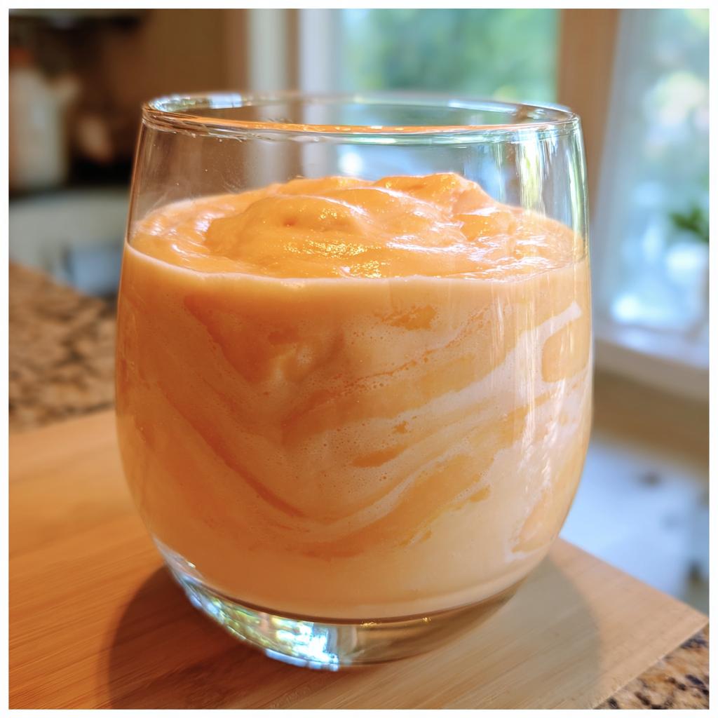 A close-up of a creamy peach yogurt smoothie in a glass, showcasing swirls of orange and white.