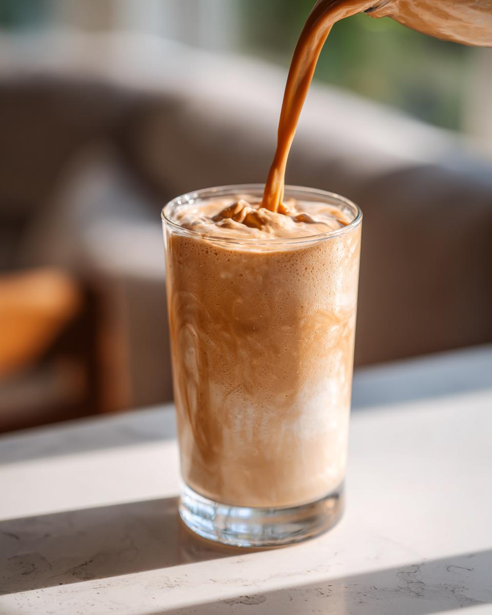 A creamy peach yogurt smoothie being poured into a glass, creating swirls of color.