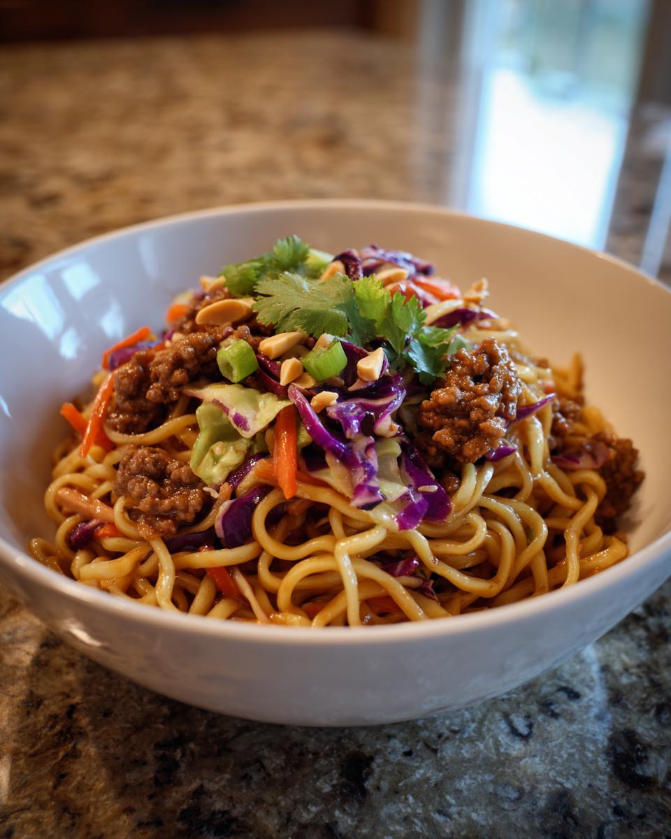 A close-up of a Potsticker Noodle Bowl with Pork & Cabbage Slaw, featuring noodles, ground pork, red cabbage, carrots, peanuts, and cilantro.