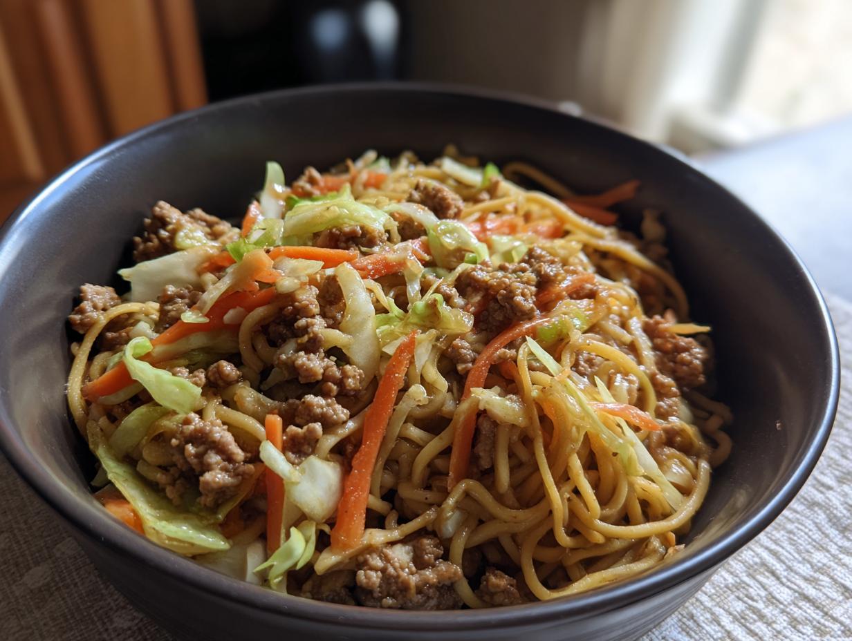 A close-up of a dark bowl filled with a Potsticker Noodle Bowl featuring pork, noodles, shredded cabbage, and carrots.