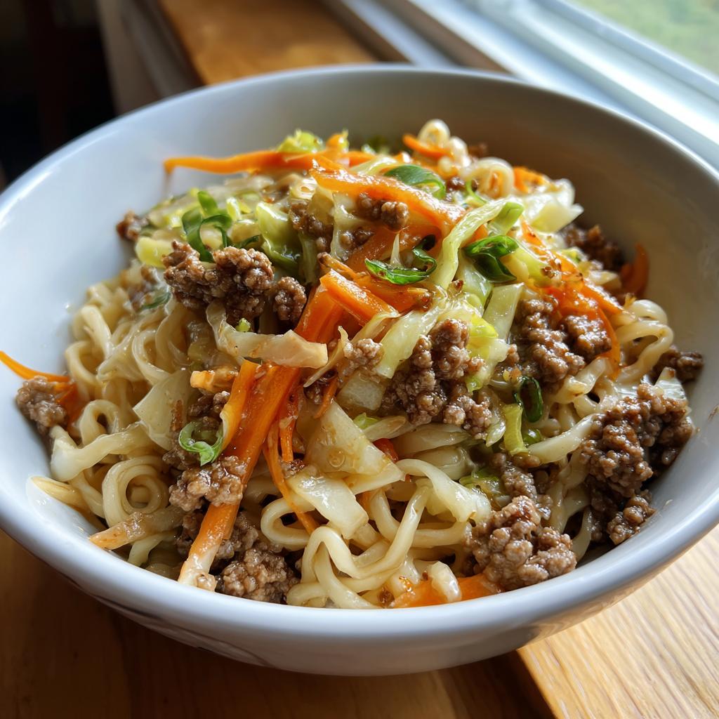 A close-up of a white bowl filled with Potsticker Noodle Bowl featuring noodles, ground pork, shredded carrots, and cabbage.