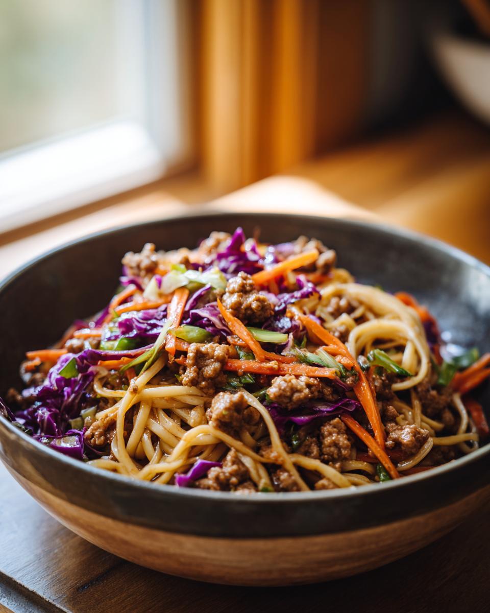 A close-up of a Potsticker Noodle Bowl with Pork & Cabbage Slaw, featuring noodles, ground pork, shredded carrots, and red cabbage.