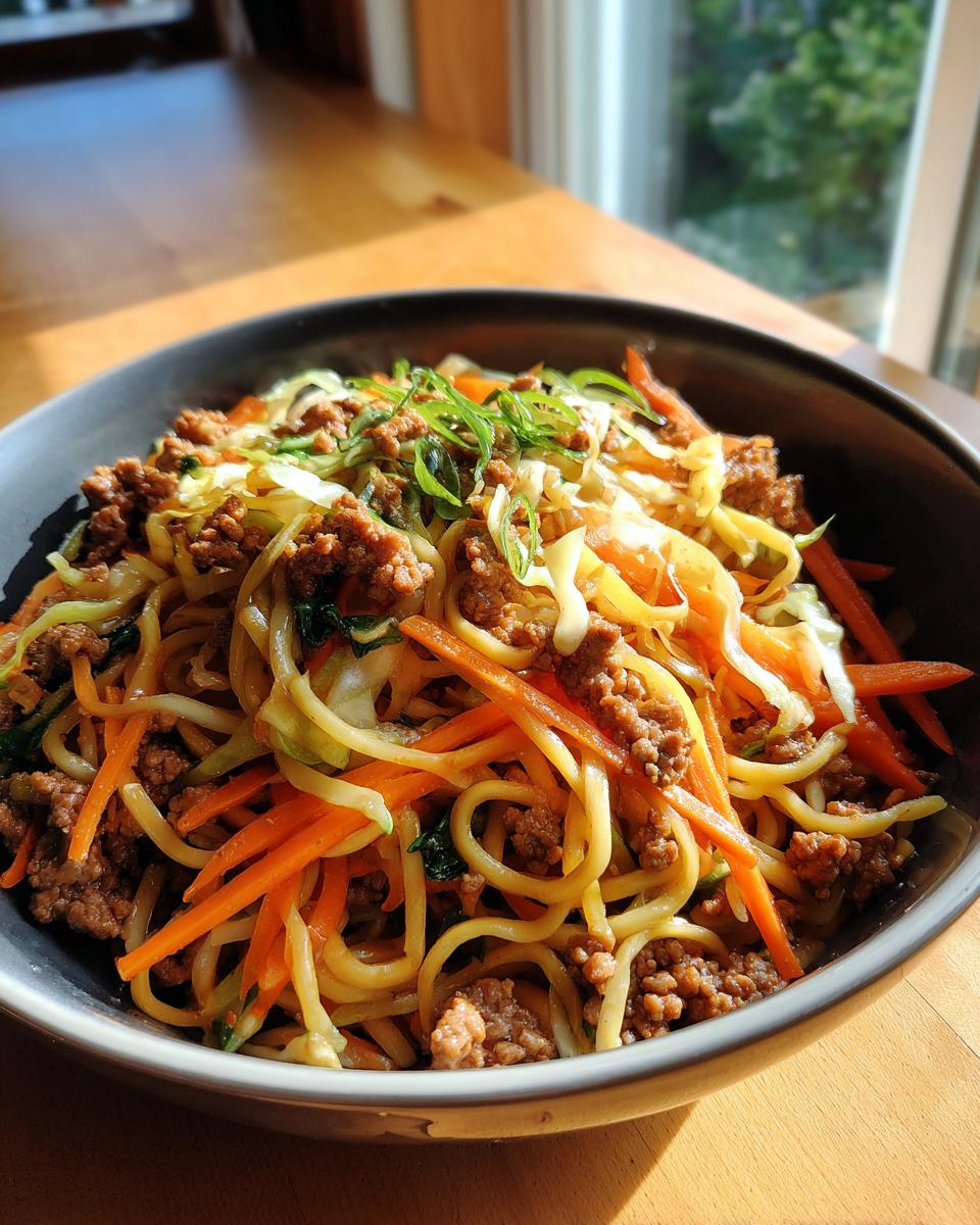 A close-up of a bowl filled with Potsticker Noodle Bowl with Pork & Cabbage Slaw, featuring noodles, ground pork, carrots, and cabbage.