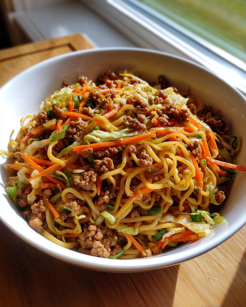 A close-up of a white bowl filled with a Potsticker Noodle Bowl featuring pork, noodles, shredded carrots, and cabbage.