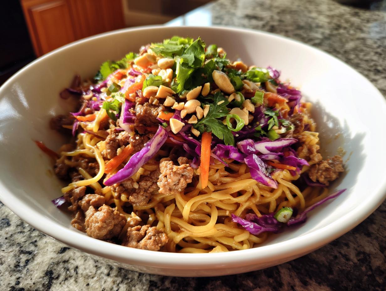 A vibrant bowl of Potsticker Noodle Bowl with Pork & Cabbage Slaw, featuring noodles, seasoned pork, red cabbage, carrots, and peanuts.