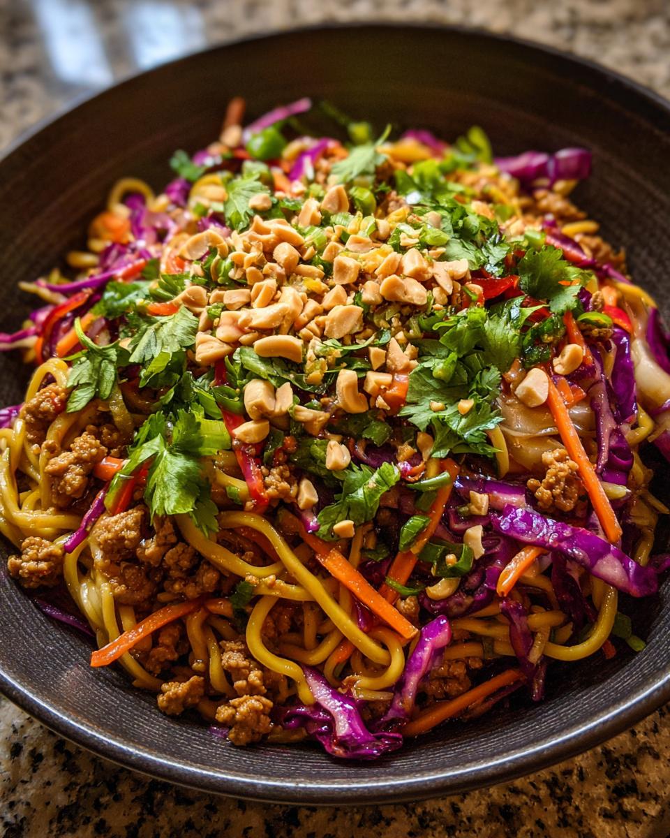 A vibrant Potsticker Noodle Bowl with pork, shredded cabbage, carrots, and topped with chopped peanuts and cilantro.