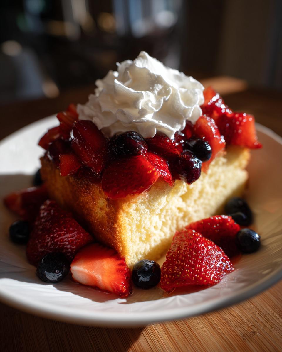 A slice of pound cake topped with fresh strawberries, blueberries, and whipped cream, perfect for Fourth of July desserts.