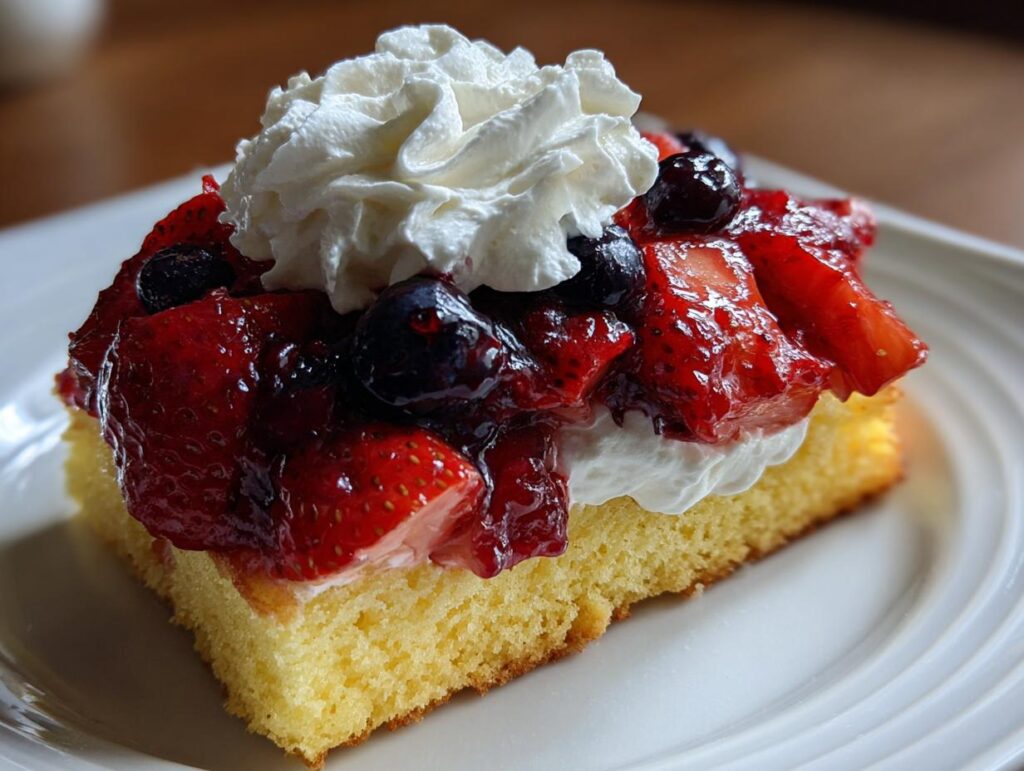 A slice of pound cake topped with whipped cream, strawberries, and blueberries, perfect for Fourth of July desserts.