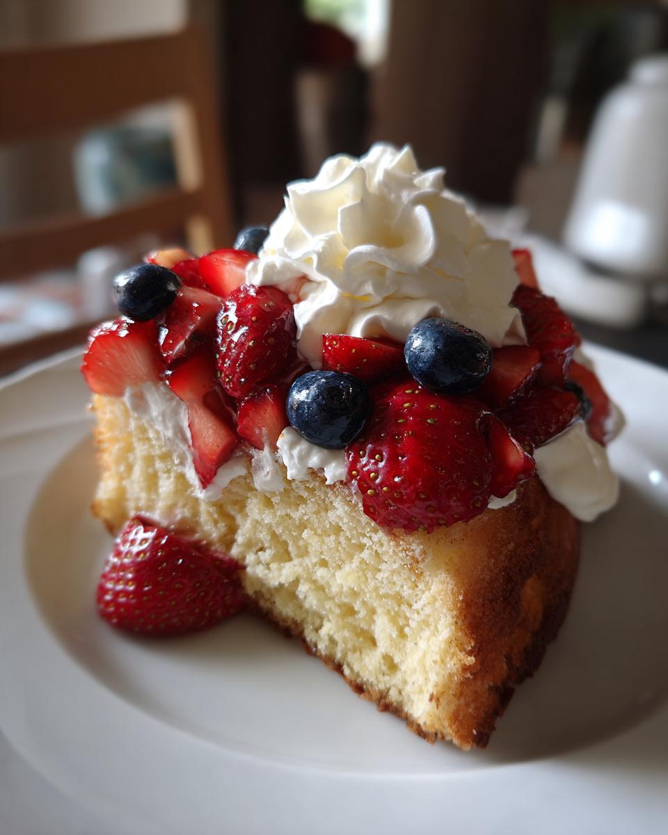 A slice of pound cake topped with whipped cream, strawberries, and blueberries, perfect for Fourth of July desserts.