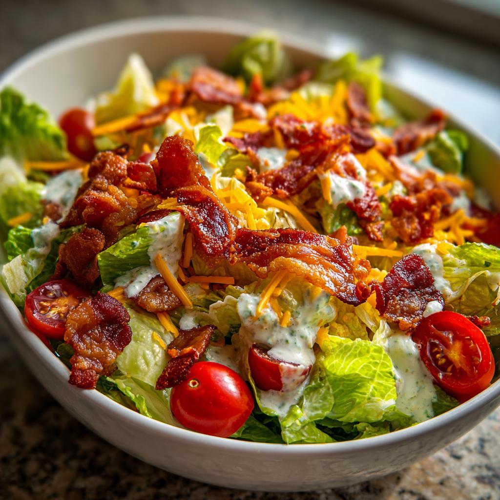 A close-up of a bowl filled with crisp lettuce, cherry tomatoes, shredded cheese, and crispy bacon, drizzled with ranch dressing. This is a Ranch BLT Salad.