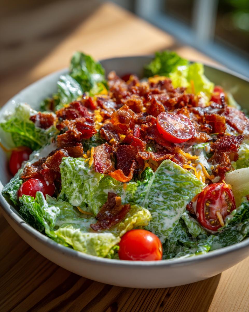 A close-up of a refreshing Ranch BLT Salad with crisp lettuce, cherry tomatoes, crumbled bacon, and creamy dressing.