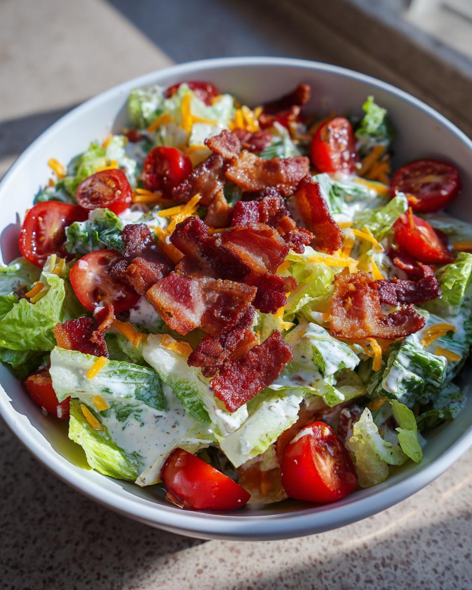 A refreshing bowl of Ranch BLT Salad, featuring crisp lettuce, juicy tomatoes, crumbled bacon, and shredded cheese, drizzled with ranch dressing.