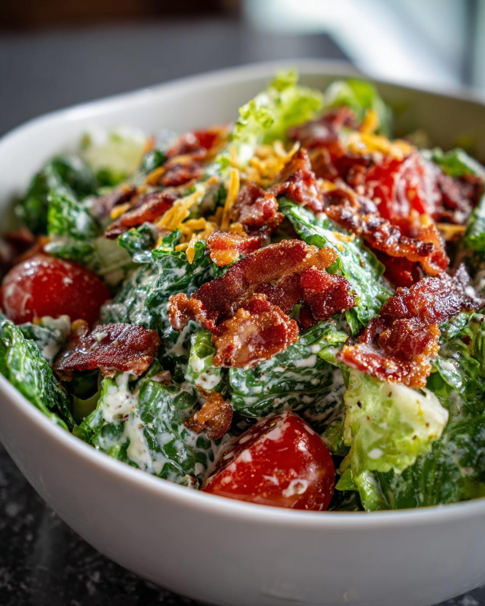 A refreshing bowl of Ranch BLT Salad with crisp lettuce, juicy tomatoes, crumbled bacon, and shredded cheese.