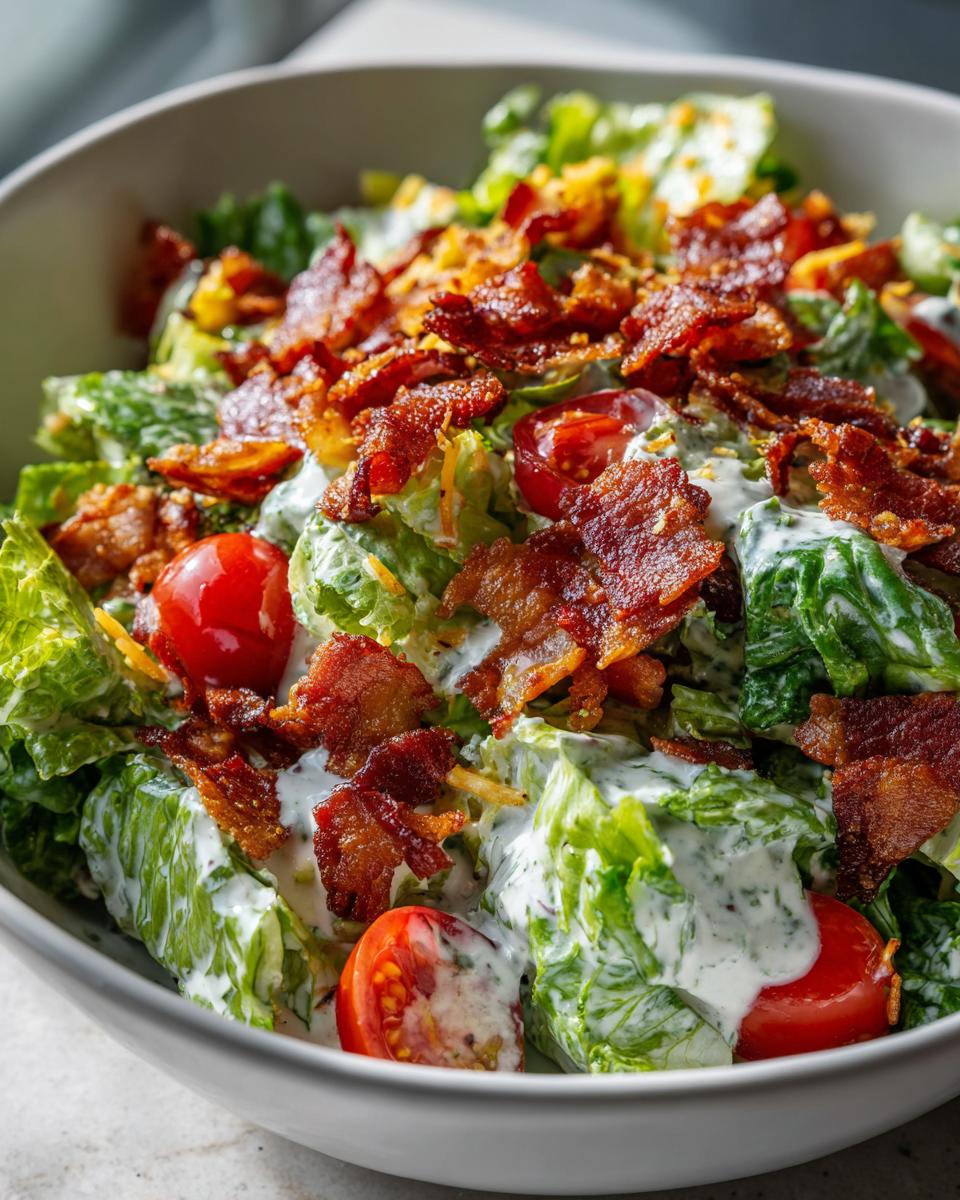 A close-up of a refreshing Ranch BLT Salad with crisp lettuce, juicy tomatoes, and crispy bacon.