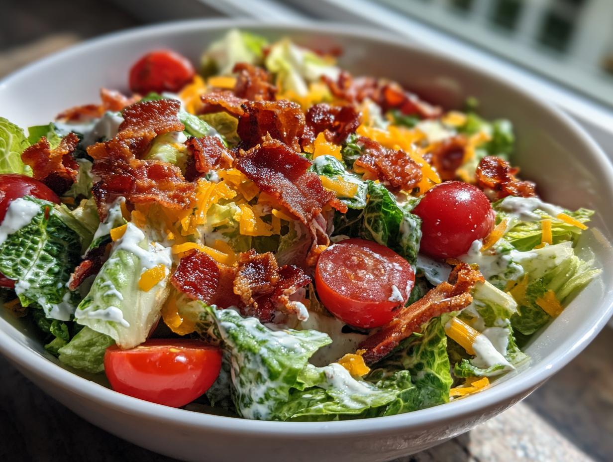 A close-up of a refreshing Ranch BLT Salad, featuring crisp lettuce, cherry tomatoes, bacon crumbles, and shredded cheese.