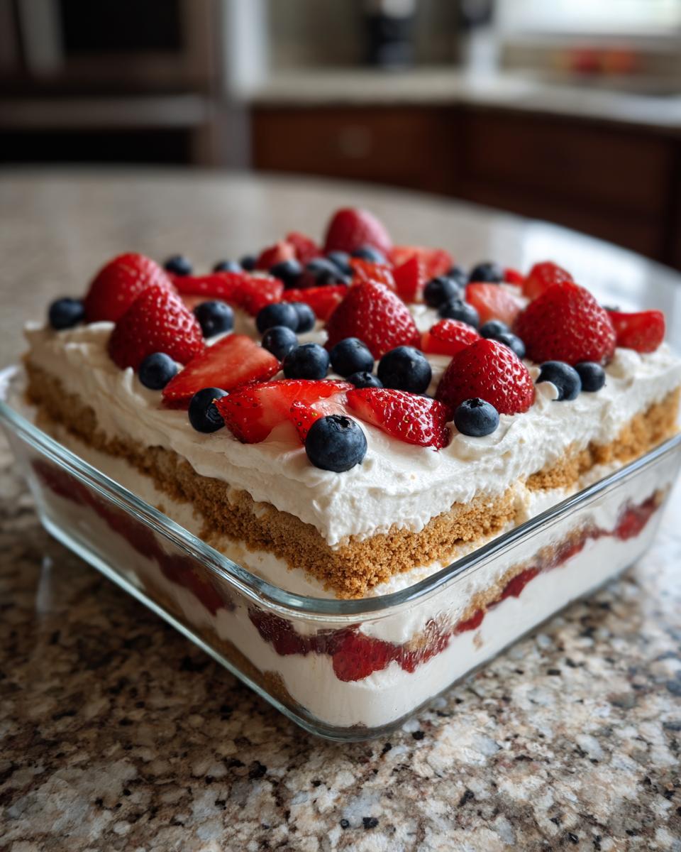 A festive Red White Blue Icebox Cake with strawberries and blueberries, perfect for Fourth of July Desserts.