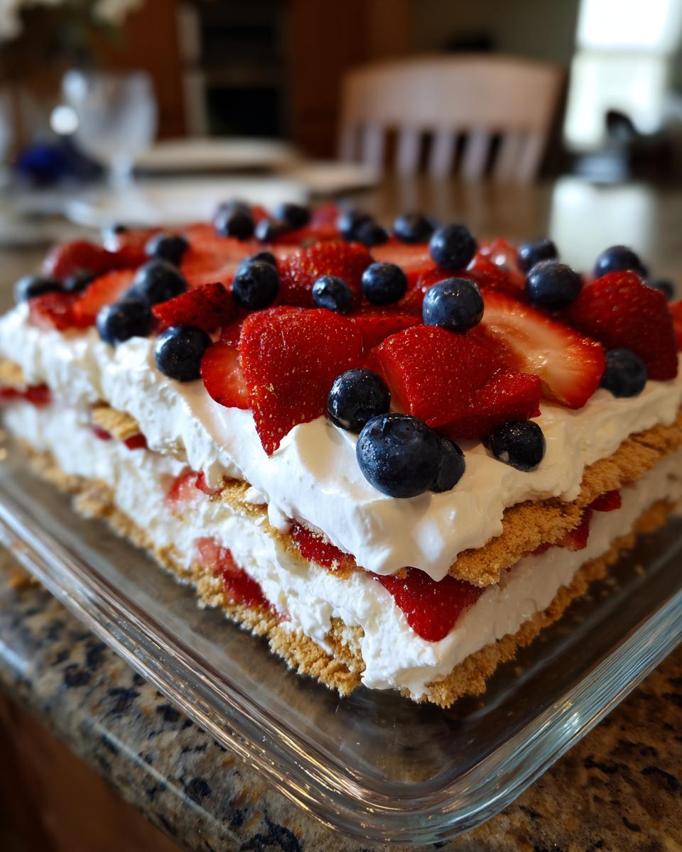 A festive Red White Blue Icebox Cake topped with fresh strawberries and blueberries, perfect for Fourth of July Desserts.