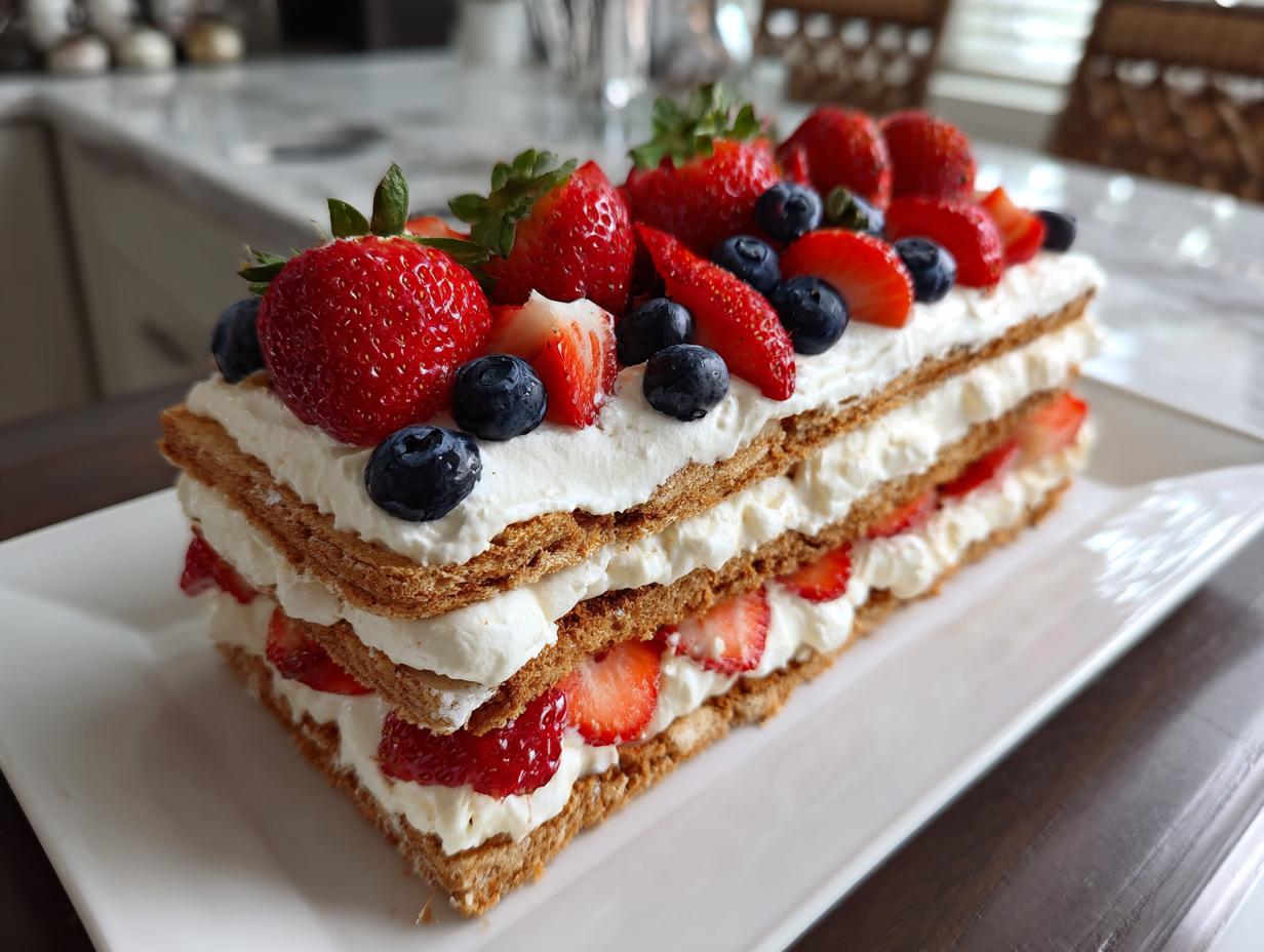 A festive Red White Blue Icebox Cake layered with whipped cream and fresh berries, perfect for Fourth of July desserts.