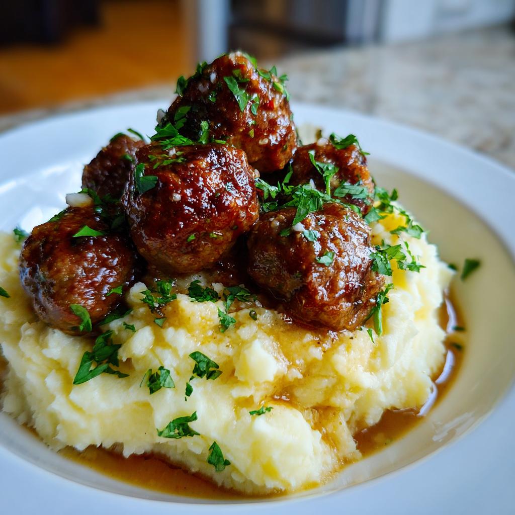 A close-up of Salisbury steak meatballs piled high on a bed of fluffy garlic herb mashed potatoes, garnished with fresh parsley.