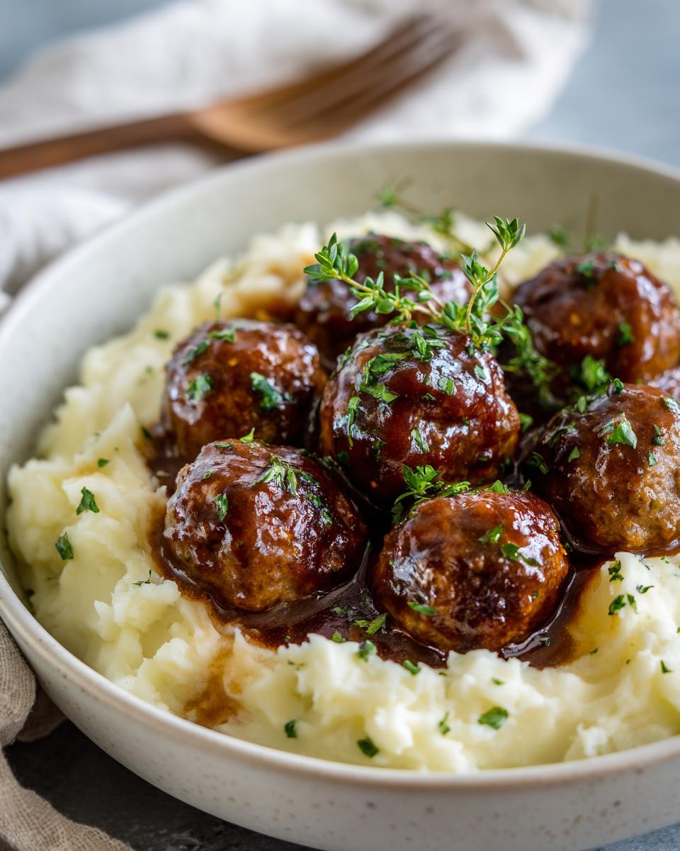 Close-up of Salisbury Steak Meatballs in rich gravy served over creamy Garlic Herb Mashed Potatoes, garnished with fresh herbs.