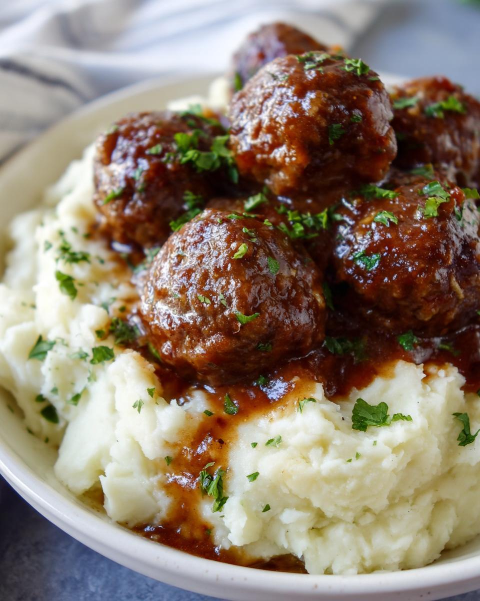 Close-up of Salisbury Steak Meatballs smothered in gravy served over fluffy Garlic Herb Mashed Potatoes, garnished with parsley.