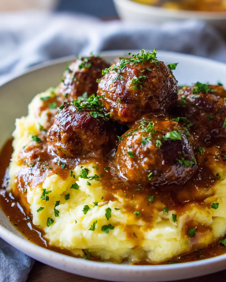 A close-up of Salisbury steak meatballs smothered in gravy, served over fluffy garlic herb mashed potatoes and garnished with parsley.