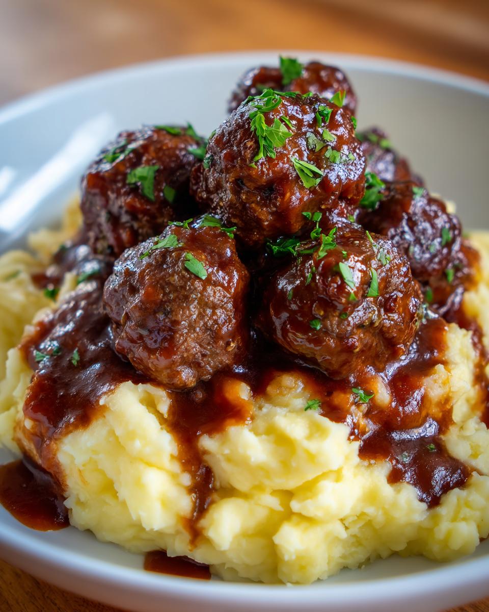 A close-up of Salisbury steak meatballs smothered in gravy, served over a generous portion of garlic herb mashed potatoes.