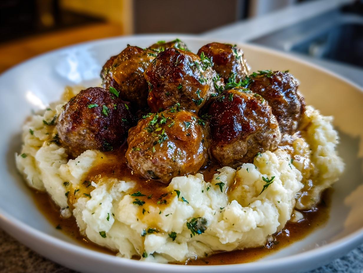 A plate of Salisbury Steak Meatballs served over creamy Garlic Herb Mashed Potatoes, drizzled with rich brown gravy and garnished with parsley.