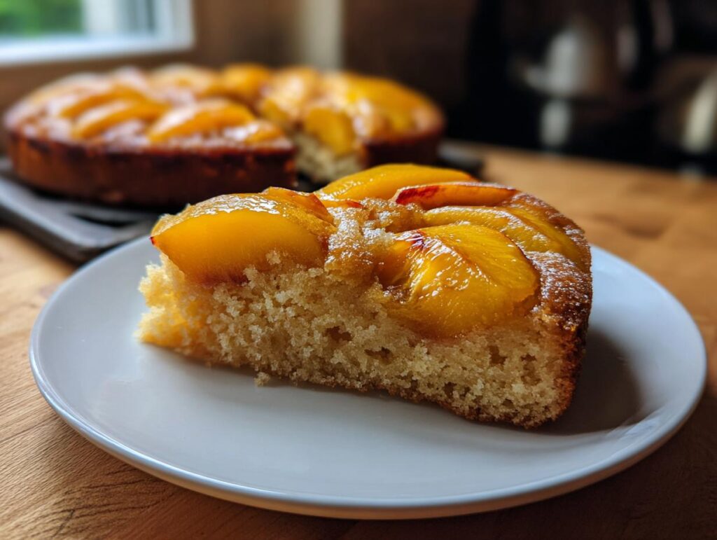 A slice of skillet cake topped with glistening, soft summer fruit peaches on a white plate.