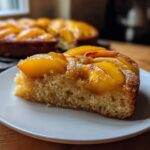 A slice of skillet cake topped with glistening, soft summer fruit peaches on a white plate.