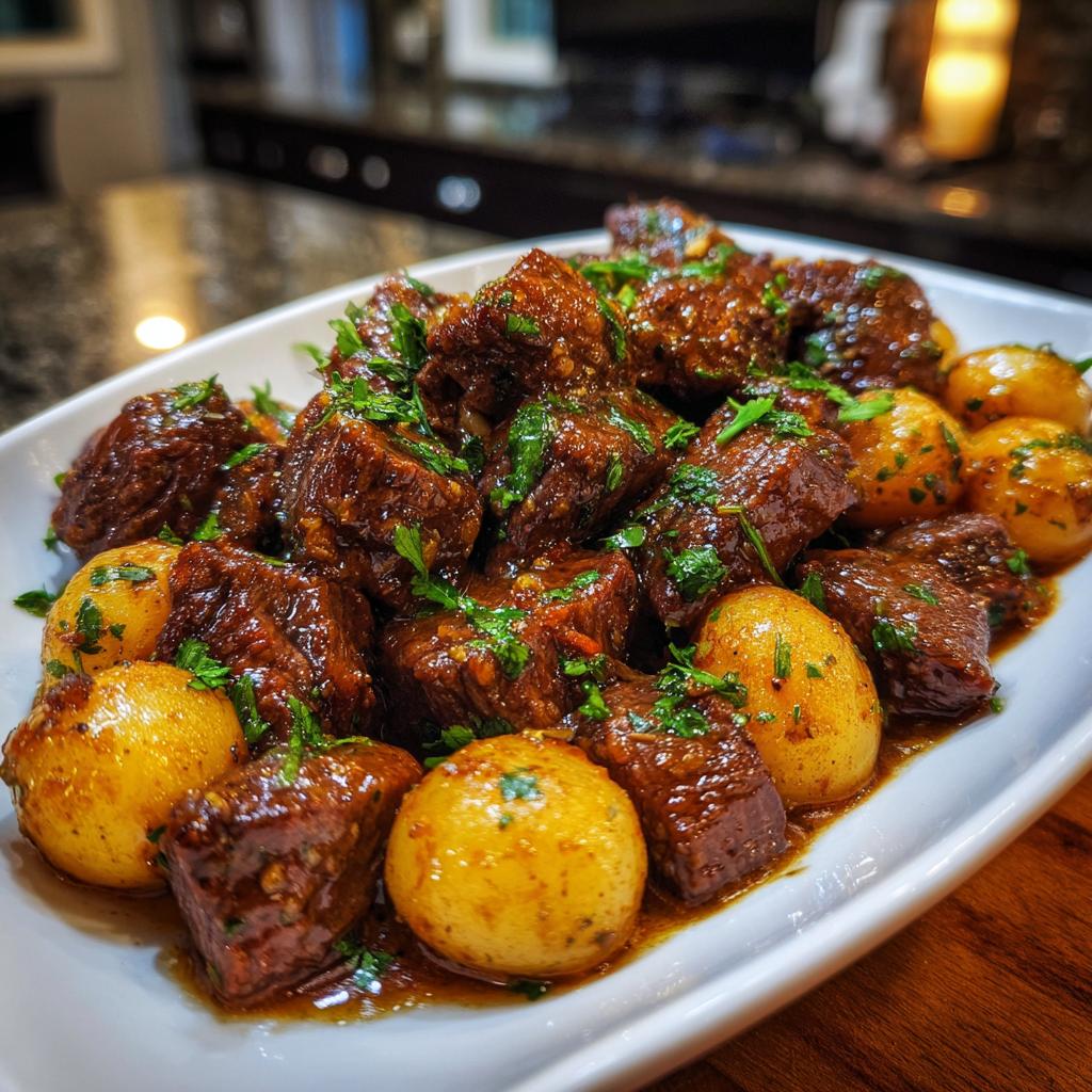 Tender chunks of Slow Cooker Garlic Butter Beef with Potatoes, garnished with fresh parsley.