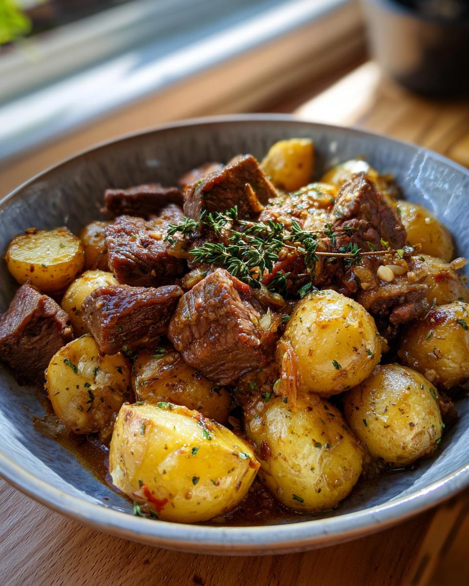 A close-up of a bowl filled with tender chunks of Slow Cooker Garlic Butter Beef and golden roasted potatoes, garnished with fresh thyme.